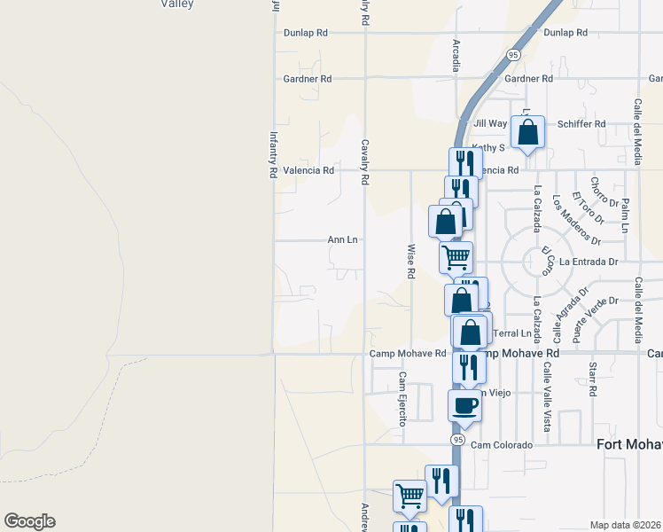 map of restaurants, bars, coffee shops, grocery stores, and more near 4360 Infantry Road in Bullhead City