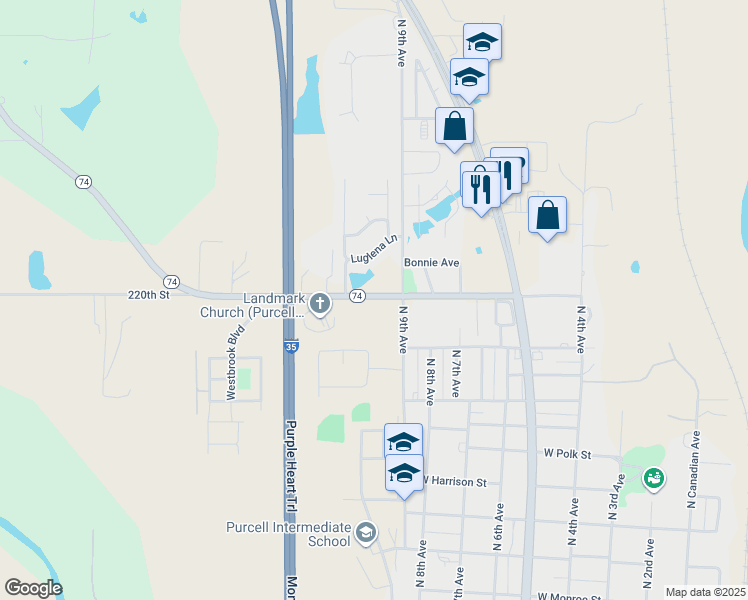 map of restaurants, bars, coffee shops, grocery stores, and more near 906 West Grant Street in Purcell
