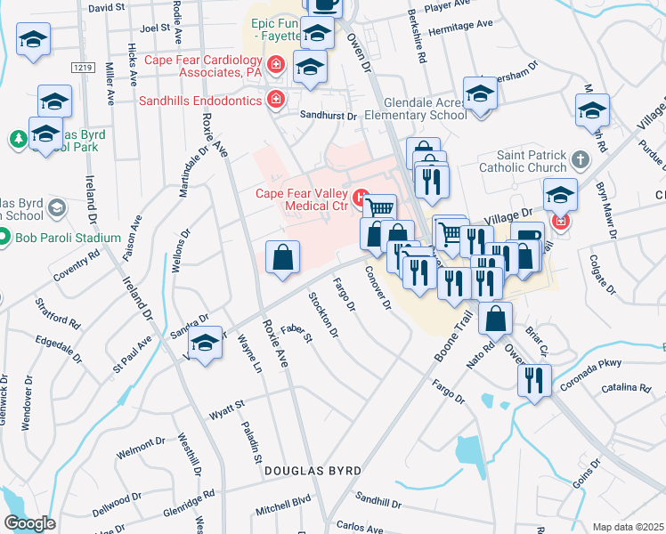 map of restaurants, bars, coffee shops, grocery stores, and more near 3418 Village Drive in Fayetteville