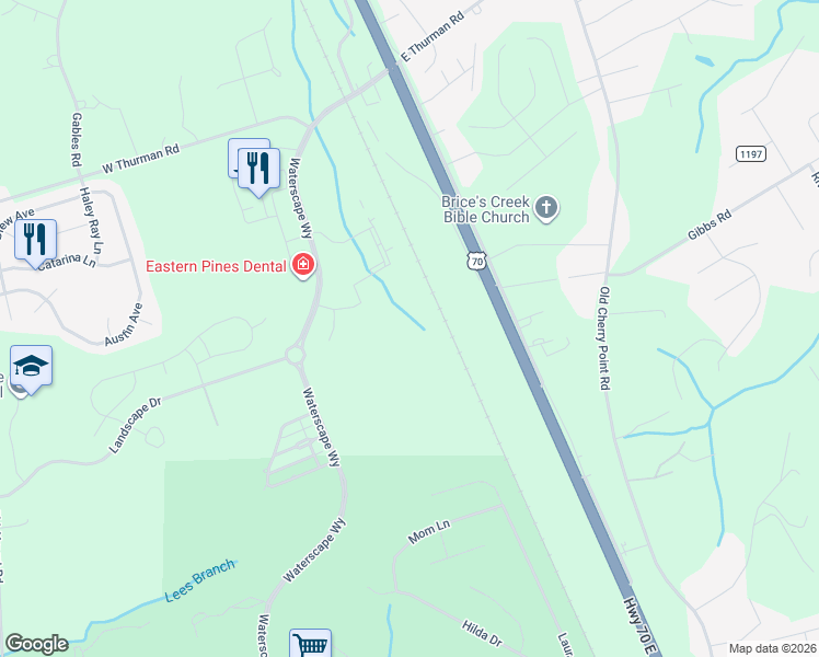 map of restaurants, bars, coffee shops, grocery stores, and more near 515 West Thurman Road in New Bern