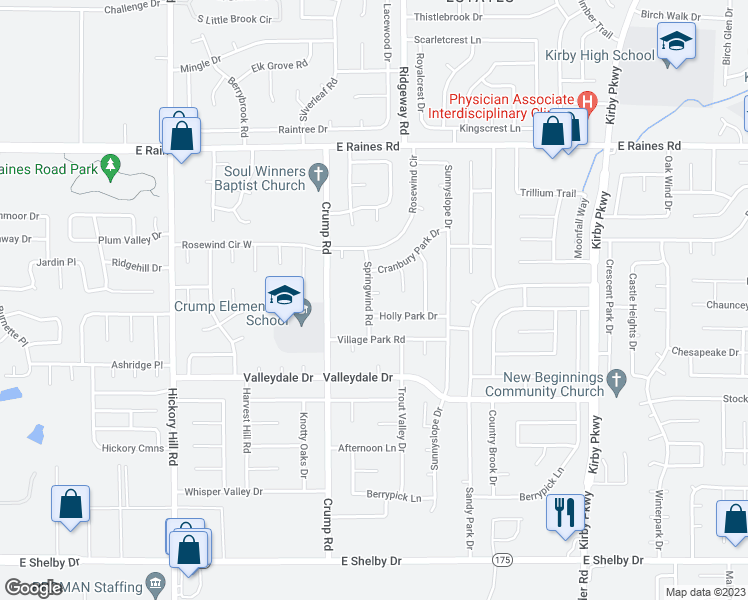 map of restaurants, bars, coffee shops, grocery stores, and more near 4360 Springwind Road in Memphis