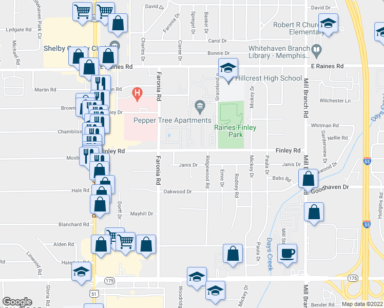 map of restaurants, bars, coffee shops, grocery stores, and more near 1407 Finley Road in Memphis