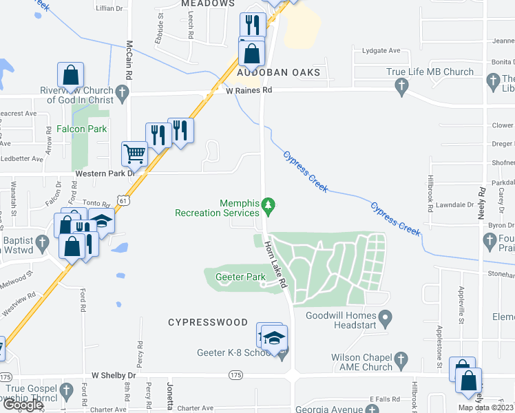 map of restaurants, bars, coffee shops, grocery stores, and more near 4351 Leclaire Lane in Memphis
