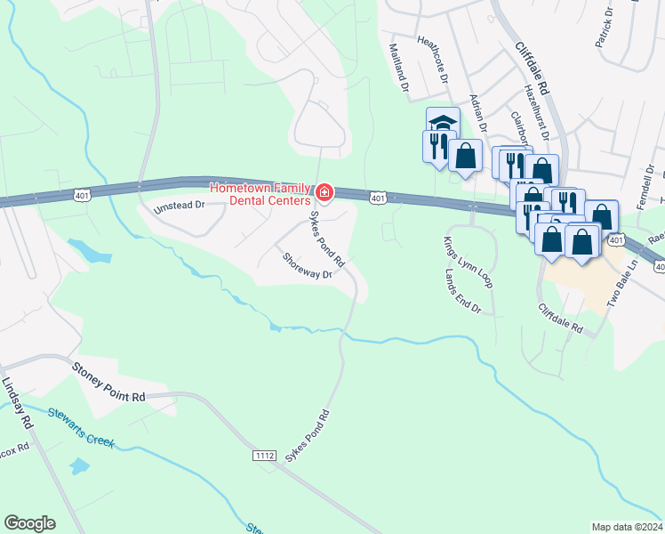 map of restaurants, bars, coffee shops, grocery stores, and more near 8247 Shoreway Drive in Fayetteville