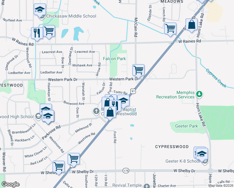 map of restaurants, bars, coffee shops, grocery stores, and more near 507 Tonto Road in Memphis