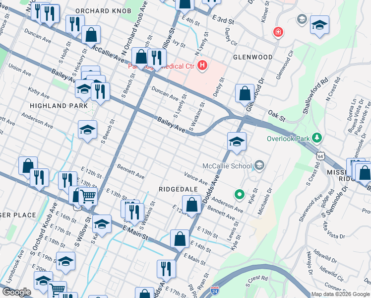 map of restaurants, bars, coffee shops, grocery stores, and more near 2406 Union Avenue in Chattanooga