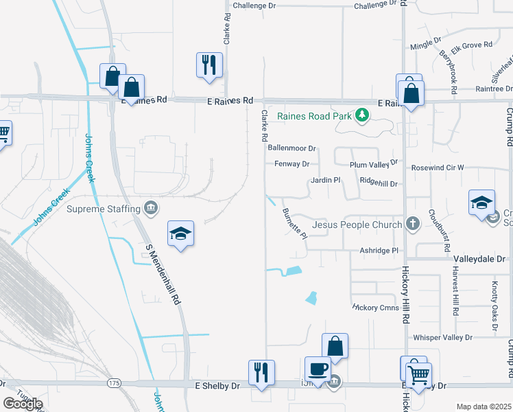 map of restaurants, bars, coffee shops, grocery stores, and more near 4367 Clarke Road in Memphis