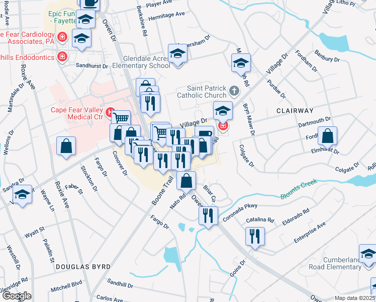 map of restaurants, bars, coffee shops, grocery stores, and more near 3040 Boone Trail Exd in Fayetteville
