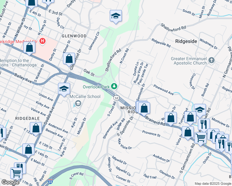map of restaurants, bars, coffee shops, grocery stores, and more near 4 South Crest Road in Chattanooga