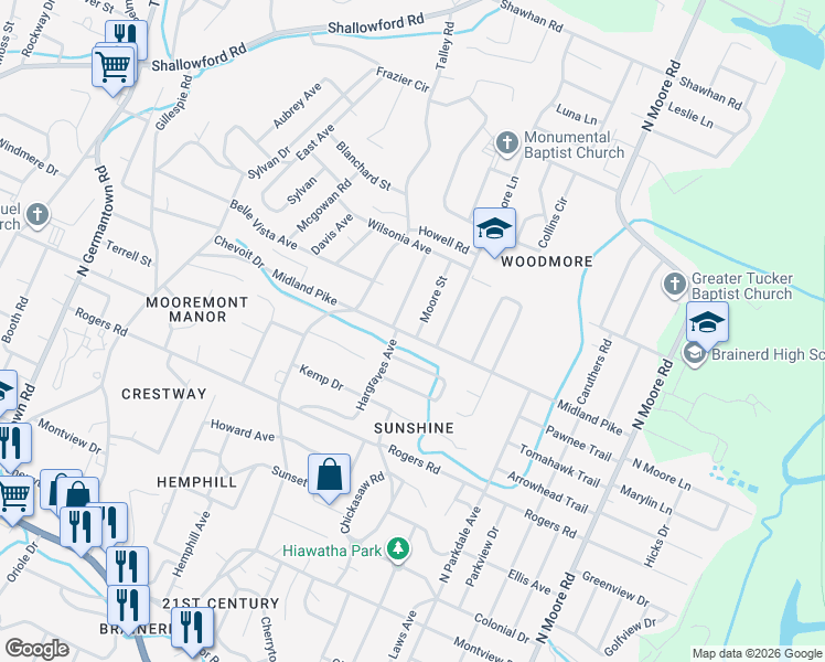 map of restaurants, bars, coffee shops, grocery stores, and more near 701 Moore Street in Chattanooga