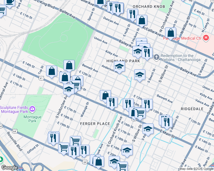 map of restaurants, bars, coffee shops, grocery stores, and more near 1606 East 12th Street in Chattanooga