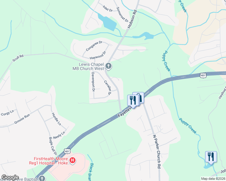 map of restaurants, bars, coffee shops, grocery stores, and more near 102 Stoneledge Road in Raeford