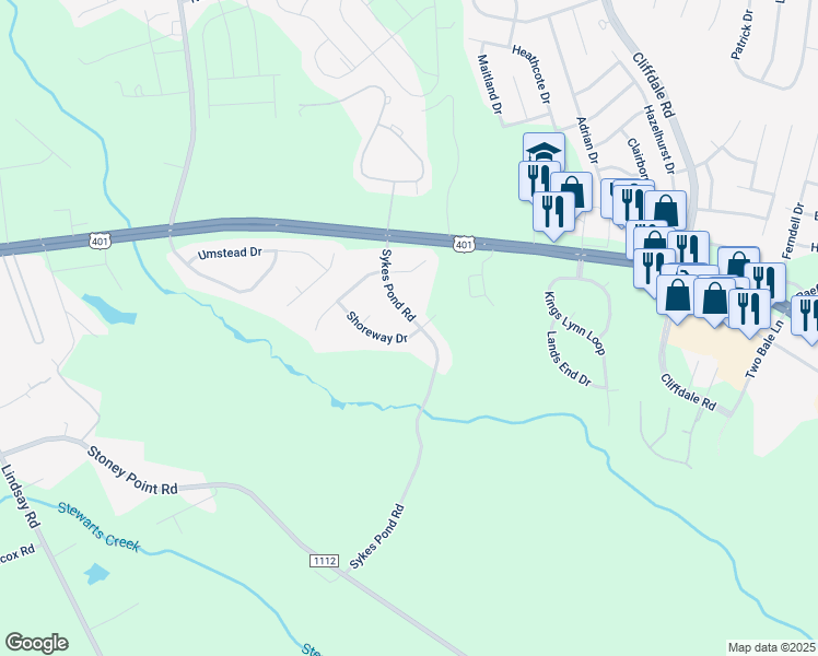 map of restaurants, bars, coffee shops, grocery stores, and more near 8247 Shoreway Drive in Fayetteville