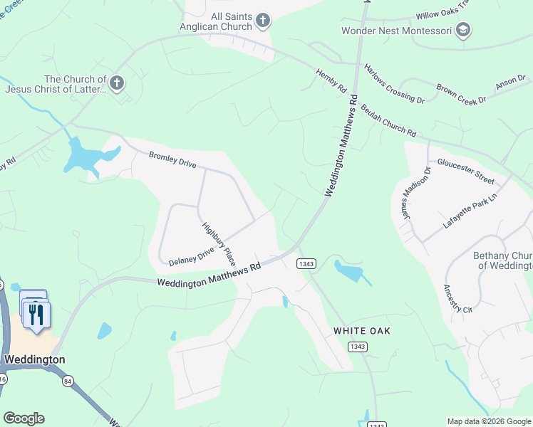 map of restaurants, bars, coffee shops, grocery stores, and more near 1404 Delaney Drive in Weddington