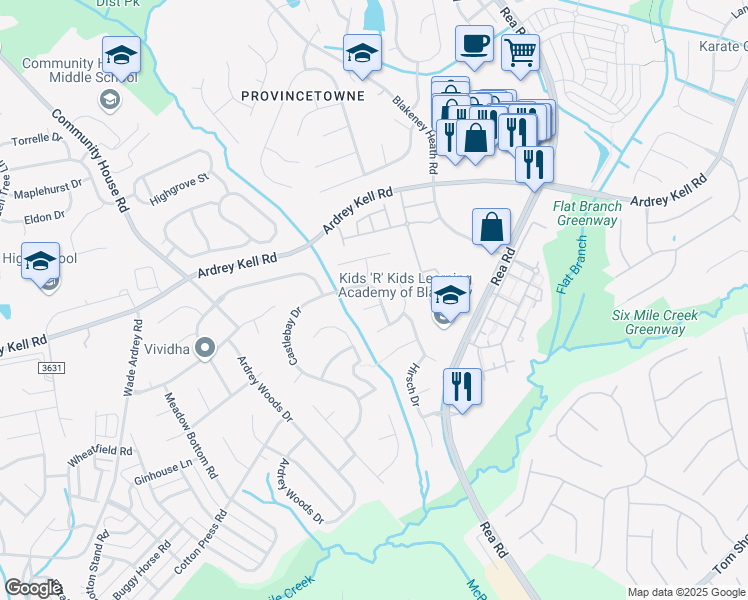 map of restaurants, bars, coffee shops, grocery stores, and more near 8421 Earlham Court in Charlotte