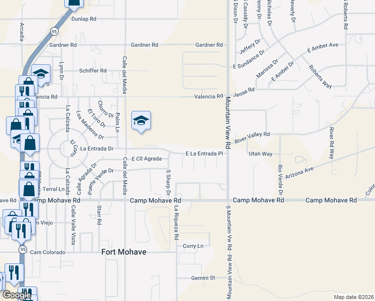 map of restaurants, bars, coffee shops, grocery stores, and more near 1903 East La Entrada Place in Fort Mohave