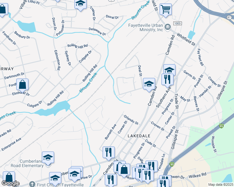 map of restaurants, bars, coffee shops, grocery stores, and more near 611-765 Fair St in Fayetteville