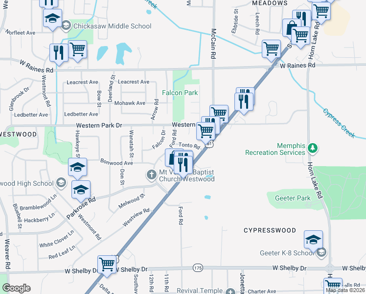 map of restaurants, bars, coffee shops, grocery stores, and more near 507 Tonto Drive in Memphis