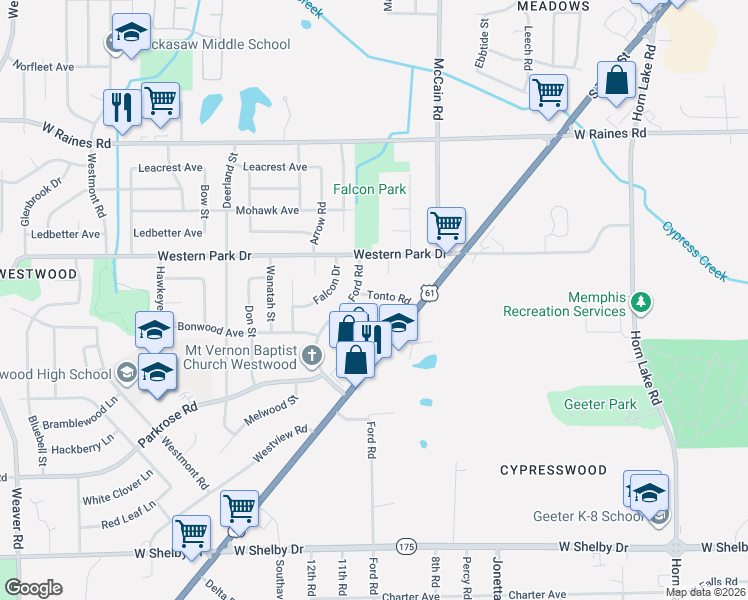 map of restaurants, bars, coffee shops, grocery stores, and more near 507 Tonto Drive in Memphis