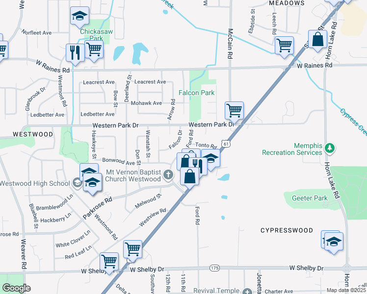 map of restaurants, bars, coffee shops, grocery stores, and more near 4363 Ford Road in Memphis