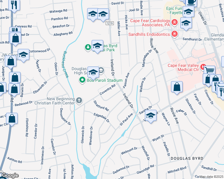 map of restaurants, bars, coffee shops, grocery stores, and more near 3911 Coventry Road in Fayetteville