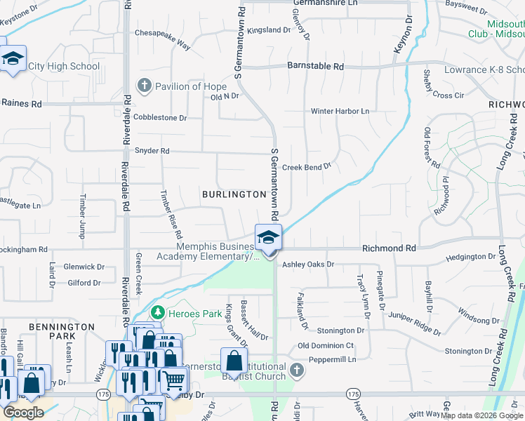 map of restaurants, bars, coffee shops, grocery stores, and more near 4350 Oak Chase Cove in Memphis