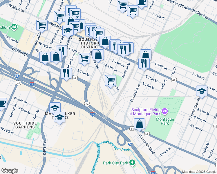 map of restaurants, bars, coffee shops, grocery stores, and more near 1930 Rossville Avenue in Chattanooga