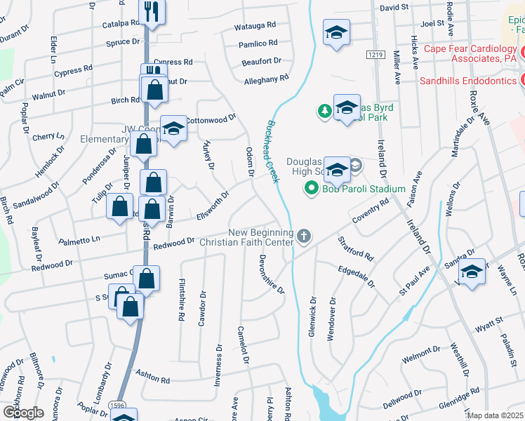 map of restaurants, bars, coffee shops, grocery stores, and more near 1108 Odom Drive in Fayetteville