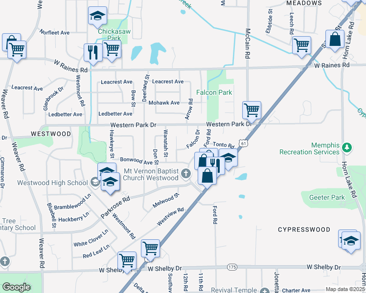 map of restaurants, bars, coffee shops, grocery stores, and more near 4369 Falcon Drive in Memphis