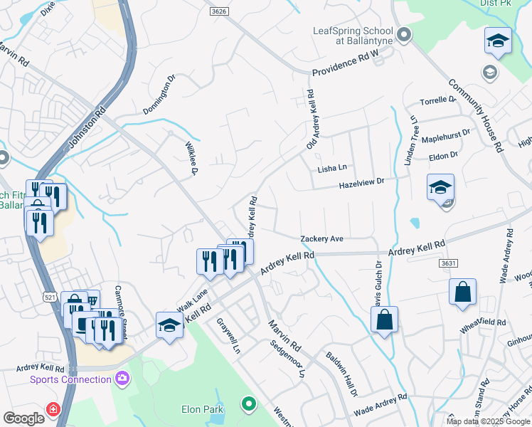 map of restaurants, bars, coffee shops, grocery stores, and more near 16806 Brandon Brook Drive in Charlotte