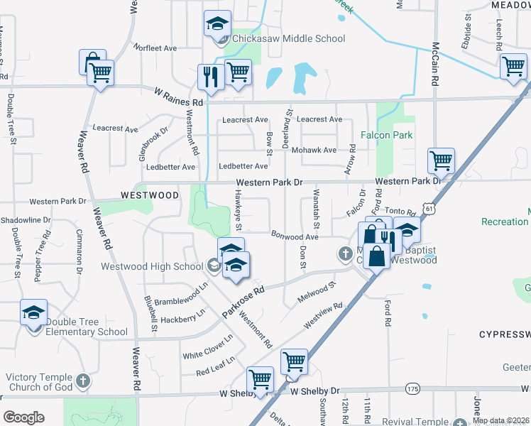 map of restaurants, bars, coffee shops, grocery stores, and more near 4363 Bow Street in Memphis