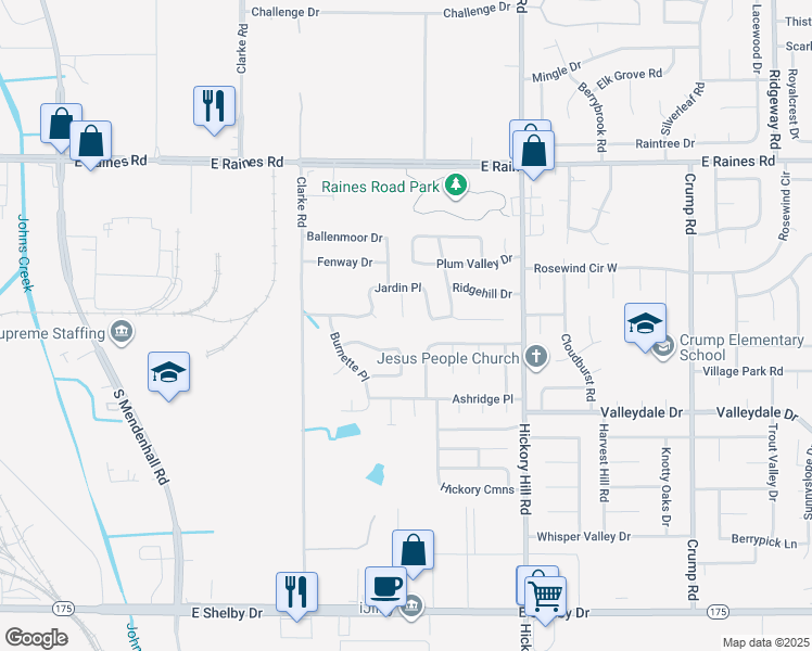 map of restaurants, bars, coffee shops, grocery stores, and more near 4354 Cary Hill Cove in Memphis