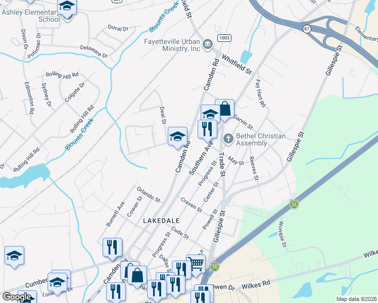 map of restaurants, bars, coffee shops, grocery stores, and more near 1503-1699 State Road 1003 in Fayetteville