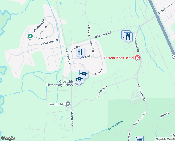 map of restaurants, bars, coffee shops, grocery stores, and more near 3262 Austin Avenue in New Bern