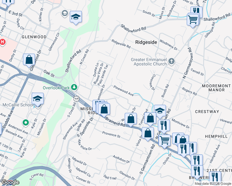 map of restaurants, bars, coffee shops, grocery stores, and more near 3306 Pinewood Terrace in Chattanooga