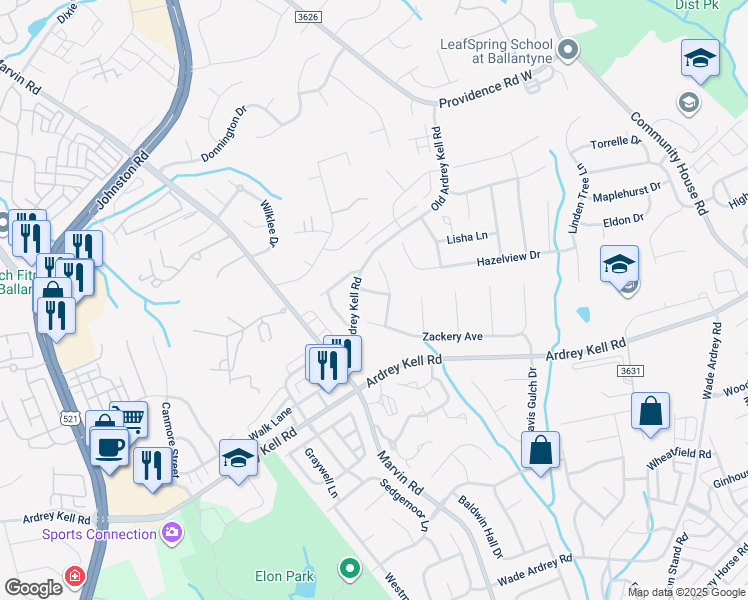 map of restaurants, bars, coffee shops, grocery stores, and more near 16806 Brandon Brook Drive in Charlotte