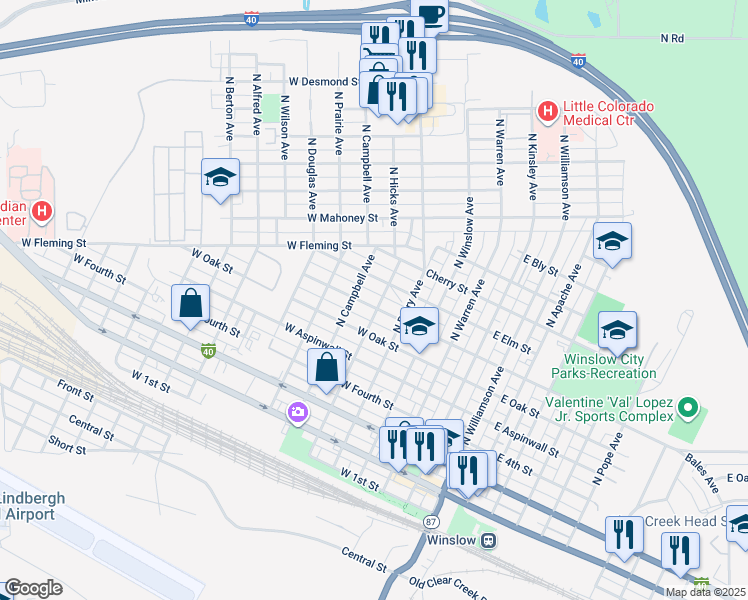 map of restaurants, bars, coffee shops, grocery stores, and more near 504 West Maple Street in Winslow