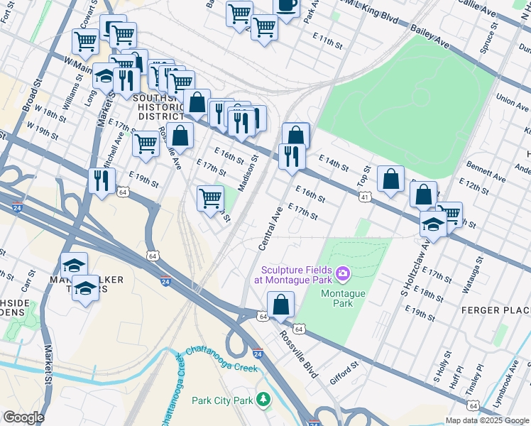 map of restaurants, bars, coffee shops, grocery stores, and more near 1845 Central Avenue in Chattanooga