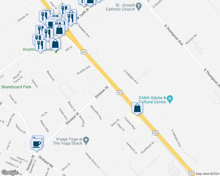 map of restaurants, bars, coffee shops, grocery stores, and more near 506 Hayley Court in Nipomo