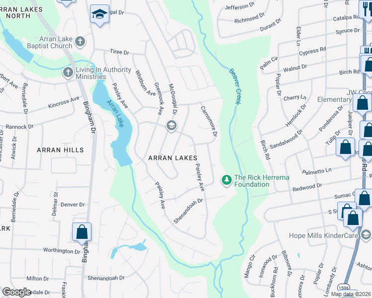 map of restaurants, bars, coffee shops, grocery stores, and more near 1441 Carnsmore Drive in Fayetteville