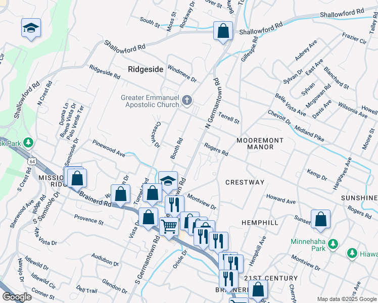 map of restaurants, bars, coffee shops, grocery stores, and more near 315 North Germantown Road in Chattanooga
