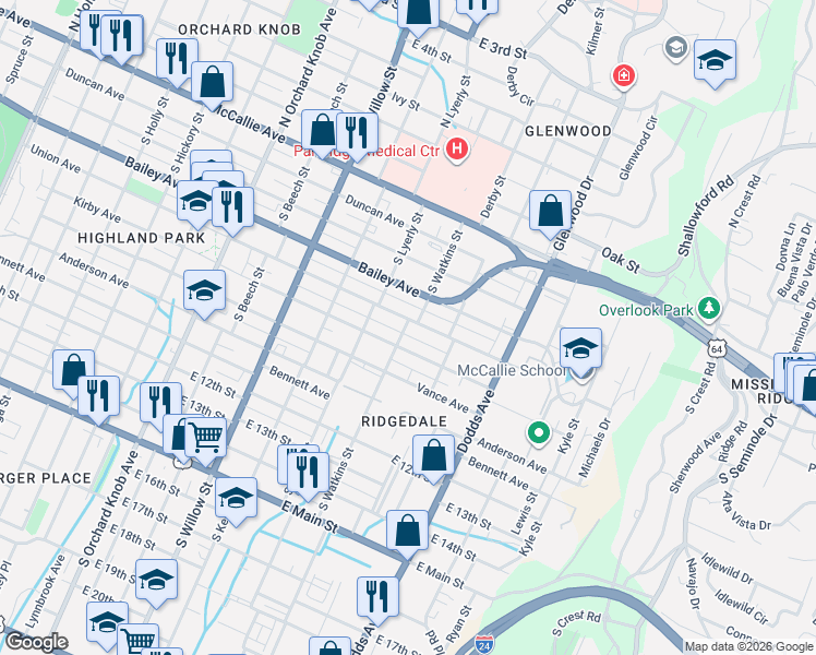 map of restaurants, bars, coffee shops, grocery stores, and more near 2406 Union Avenue in Chattanooga