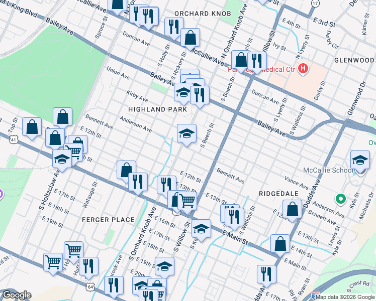 map of restaurants, bars, coffee shops, grocery stores, and more near in Chattanooga