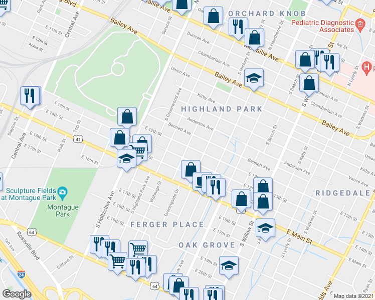 map of restaurants, bars, coffee shops, grocery stores, and more near 1606 East 12th Street in Chattanooga