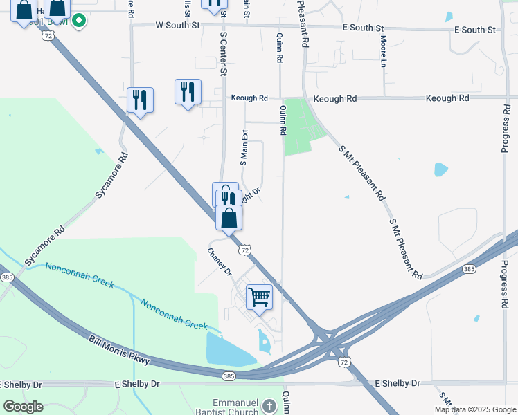 map of restaurants, bars, coffee shops, grocery stores, and more near 114 U.S. 72 in Collierville