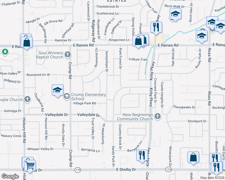 map of restaurants, bars, coffee shops, grocery stores, and more near 6301 Green Grove Drive in Memphis