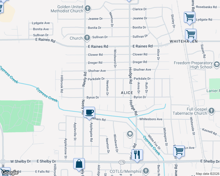 map of restaurants, bars, coffee shops, grocery stores, and more near 4366 Newton Drive in Memphis