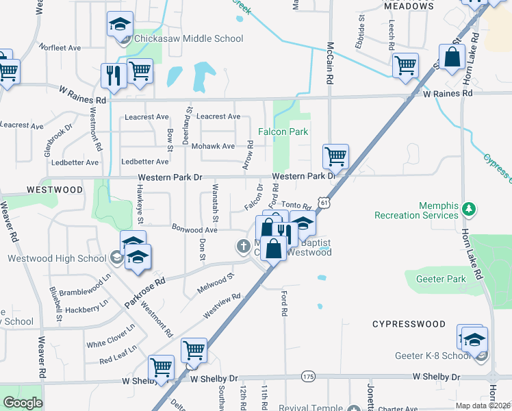 map of restaurants, bars, coffee shops, grocery stores, and more near 4363 Ford Road in Memphis