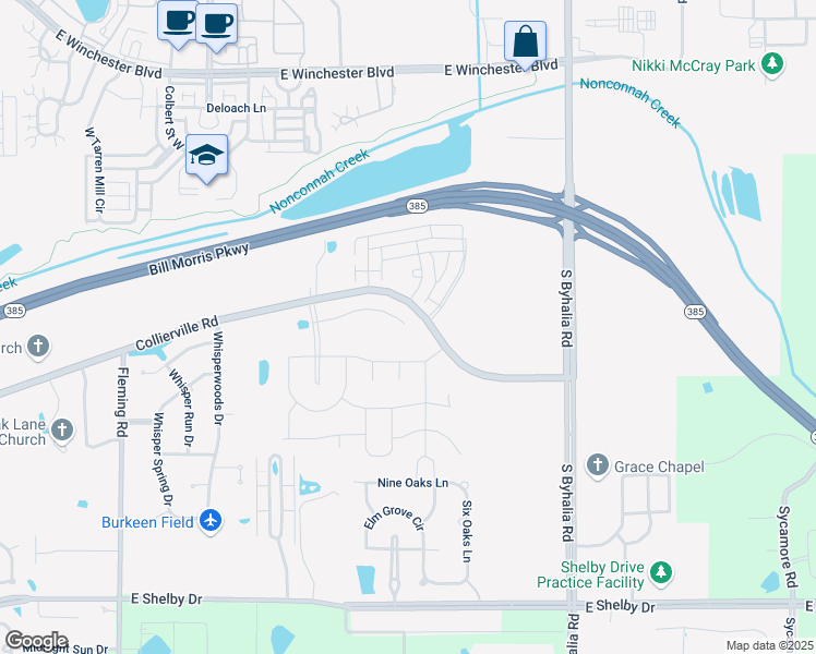 map of restaurants, bars, coffee shops, grocery stores, and more near 11145 Collierville Road in Collierville