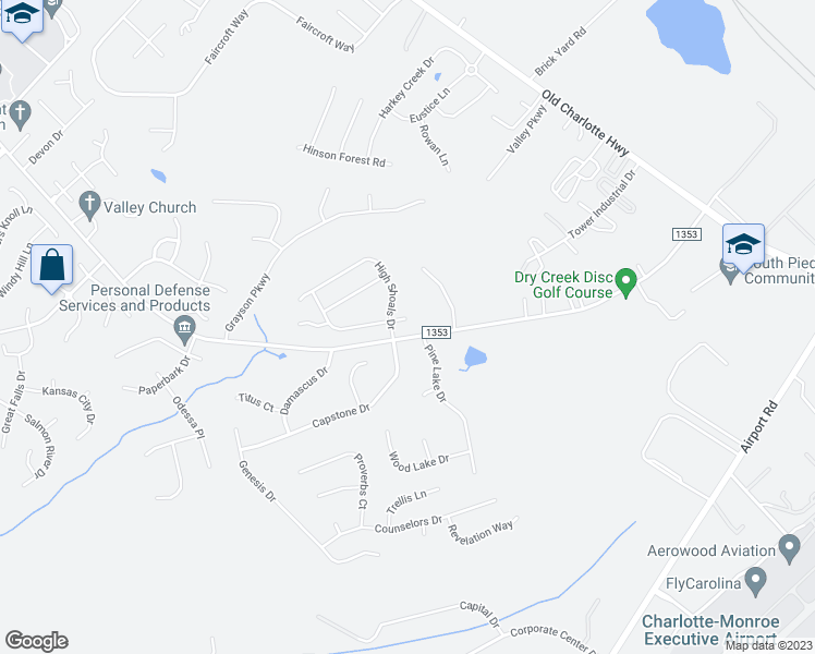 map of restaurants, bars, coffee shops, grocery stores, and more near 2203 Moravian Falls Court in Monroe